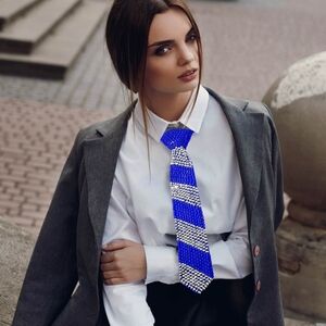 Blue Stripe Crystal Bling Rhinestones Tie Necklace Chain Statement Jewelry